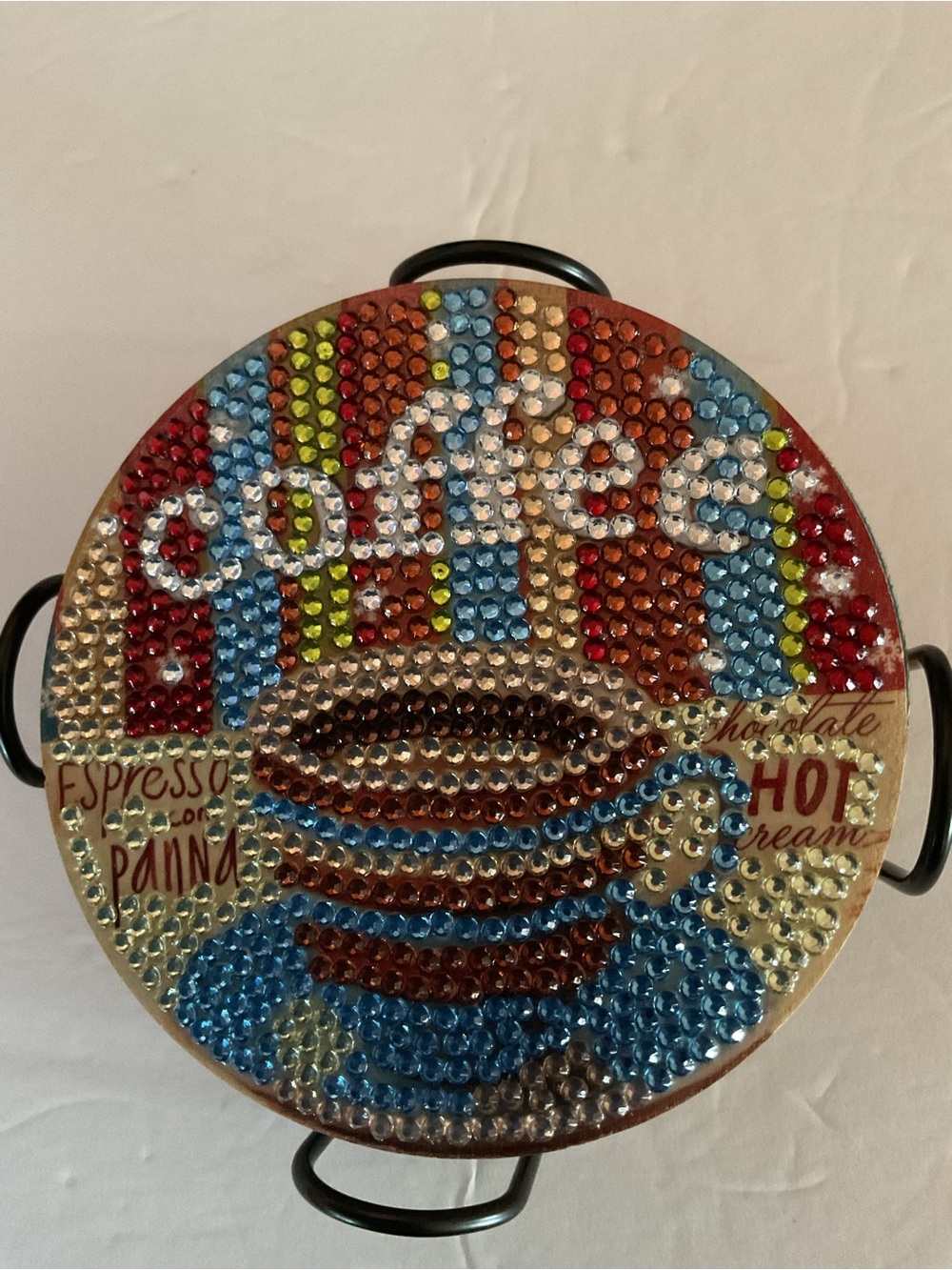 2 Sets of 6 Beaded Coffee-Themed Coasters w/holder. Colorful and cool.
